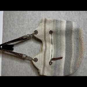 The Sak Striped Crochet Hobo Bag Leather Handles